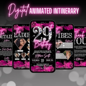 Digital 29th Birthday Invitation, Animated Hot Pink Ladies Dinner Party Invite, Neon Pink Diamond Evite, Self Editable Template eCard Bundle