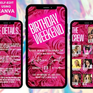 Digital Birthday Weekend Travel Itinerary Party Template, Digital Schedule Girls Trip, Rose Pink, Instant Download, Editable In Canva