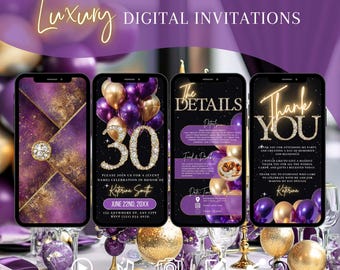Faire-part 30e anniversaire numérique, modèle de toile glamour or violet, invitation à une fête modifiable pour les femmes