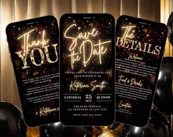 Digital Save The Date Invitation, Animated Black Gold Graduation College Party Announcement Invite, Ladies Self Editable DIY Itinerary Card
