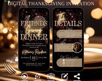Digital Friendsgiving Dinner Invitation, Animated Fall Party Video Invite, Thanksgiving Family Evite, Self Editable DIY Itinerary eCard