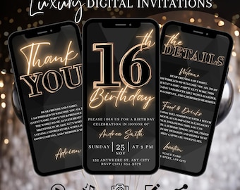 16.Geburtstags-Party Einladung, Digitales Schwarz-Gold-Dinner-Einladung für Männer, Sweet 16 Video Evite für Ihn, Selbst bearbeiten Reiseplaner eCard