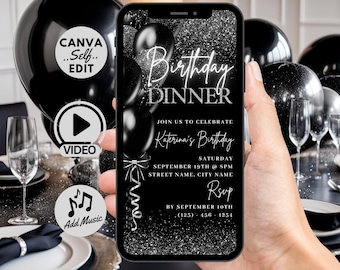 Digitale Geburtstagseinladung, Black Tie Glam Invite, Black Silver Diamond Video Einladung für Männer & Frauen, selbst bearbeitbare Vorlage eCard