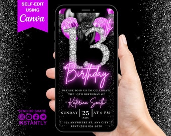 13th Digital Flyer Birthday Invitation, Animated Sweet 13 Pink Invite For Teens, Diamond Thirteen Evite For Women, Self Editable eCard