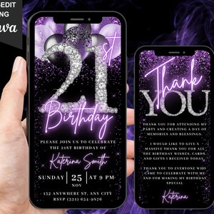 Convite digital para aniversário de 21 anos, vídeo de convite para 21 anos, preto, roxo e prata, para mulheres, convite de 21 anos com diamante, cartão eletrônico de agradecimento editável