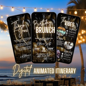 Digital Flyer Birthday Brunch Invitation, Gold Celebration Video Invite, Brunch Party Invite For Women, Self Editable DIY Itinerary eCard