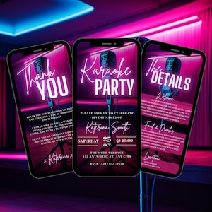 Digitale Karaoke-Einladung, animierte Geburtstagsmusik-Nachtparty einladen, rosa Musikveranstaltung Evite, selbst bearbeitbare DIY-Reiseplan-eCard