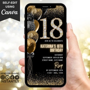 Digital 18th Birthday Party Invitation, 18th Glam Invite Ecard For Him & Her, Video Black Gold Silver Diamond Evite, Self Editable Template