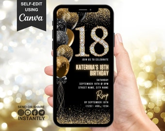 Invito digitale alla festa del 18° compleanno, 18° invito glamour e-card per lui e per lei, Video Black Gold Silver Diamond Evite, modello automodificabile