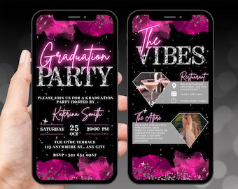 Digital Graduation Party Invitation, Animated Hot Pink Ceremony Celebration Evite, She Did It Invite, Self Editable Vibes Itinerary eCard.
