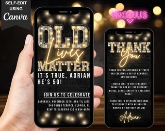 Digital 50th Birthday Invitation For Men, Animated 50th Old Lives Matter, Editable Rustic Marquee Party Invite For Him, With Thank You eCard