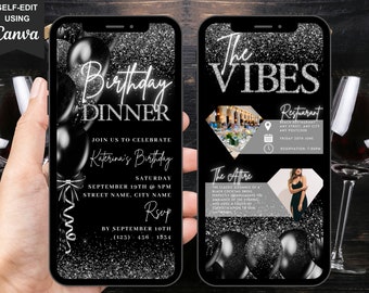 Digital Birthday Dinner Invitation, Black Tie Glam Invite, Animated Black Silver Diamond Evite For Men Women, Self Editable Itinerary eCard