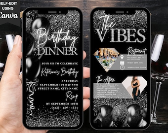 Digitale Geburtstagseinladung, Black Tie Glam Invite, animierte Black Silver Diamond Evite für Männer Frauen, selbst bearbeitbare Reiseplan-eCard