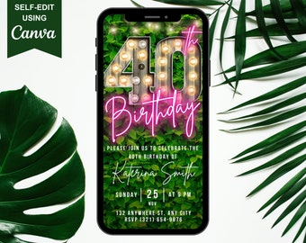 40th Birthday Digital Invitation, 40 Ecard Invite, Marquee and Pink Neon Virtual Evite, Editable Text Message Teen Invite, Instant Download