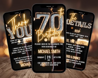 Digital 70th Birthday Invitation For Men, Beer Invite For Him, Rustic Backyard BBQ Seventy Dinner Evite For Him, Self Edit Milestone eCard