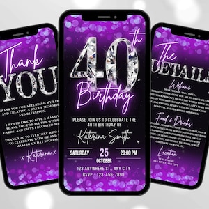 Digitale 40e verjaardagsuitnodiging, geanimeerde paarse diamanten diner feestuitnodiging voor haar, brunch evite voor vrouwen, bewerkbaar reisplan e-card