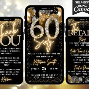 Digital 60th Birthday Party Invitation For Women, Video Sixty Black Gold B’day Dinner Invite For Her, Editable Itinerary & Thank You eCard
