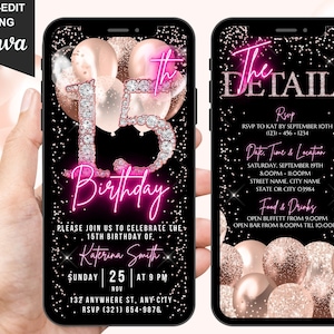 Convite digital para 15º aniversário, convite animado para festa de 15 anos, texto fofo em fonte rosa neon com diamantes em ouro rosa, cartão eletrônico com itinerário editável