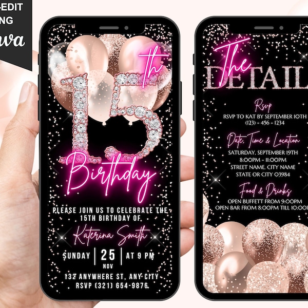 Digital 15th Birthday Invitation, Animated 15th Party Invite, Cute Rose Gold Diamonds Neon Pink Font Text Evite, Editable Itinerary eCard
