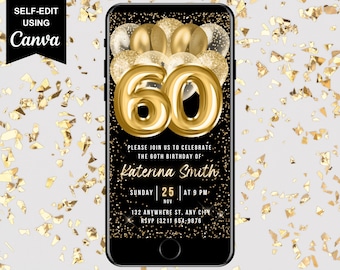 60th Birthday Digital Invitation, Electronic Birthday Party Invite, Black Gold, Mobile Text Evite, Editable Animated 60th Invite Template
