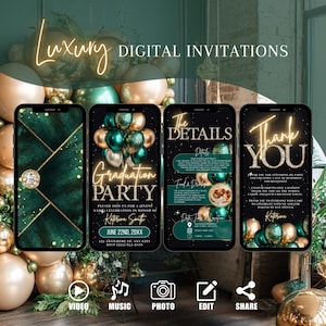 Abitur Party Einladung, Digitale Klasse von 2025 einladen, Emerald animierte Evite, Grün Gold Grad 25 College Umschlag Ankündigung eCard