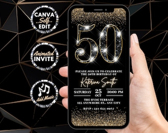 Digitale 50. Geburtstagseinladung, animierte Black Gold 50 Glam Diamond-Einladung für Sie, Luxus-Evite, selbst bearbeitbare benutzerdefinierte Vorlage eCard