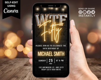 Invitación digital para fiesta de 50 cumpleaños de hombres, invitación rústica para barbacoa, texto electrónico para smartphones, plantilla editable para él