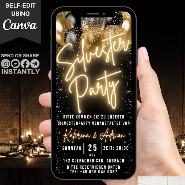 Deutsch Digital Silvester Party Invitation, Animated NYE Celebration Invite, Black Gold New Year Party Phone Evite, Self Editable eCard