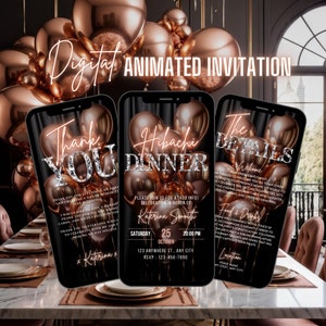Digital Hibachi Invitation, Animated Birthday Dinner Party Invite, Rose Gold Japanese Restaurant Diamond Evite, Editable Itinerary eCard