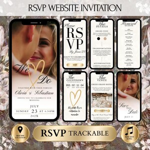 Digitale bruiloftsuitnodiging, online RSVP-uitnodiging trouwwebsite, countdowntimer, vintage gastwebsitecanvasjabloon