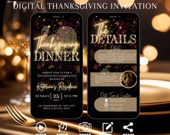 Digital Thanksgiving Dinner Invitation, Animated Fall Party Video Family Invite, Turkey Friendsgiving Evite, Self Edit DIY Itinerary eCard