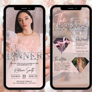 Digital Birthday Dinner Invitation,Rose Gold Dinner Party Video Invite, Womens Pink Silver Diamond Evite, Self Editable DIY Itinerary eCard