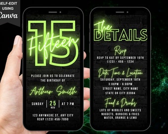 Digital 15th Birthday Invitation, Animated Green Neon Fifteen Invite For Teens, Boys Video Game Party Evite, Self Editable Itinerary eCard