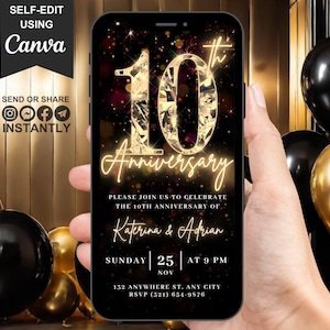Convite digital para 10º aniversário, convite para jantar de 10º aniversário de casamento, convite para casamento, convite surpresa para renovação de votos, modelo de cartão eletrônico autoeditável