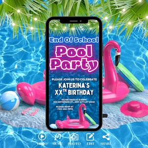Digital End Of School Pool Party Invitation. Pink Girls Tropical Summer Invite, Birthday Evite, Video eCard, Slumber DIY Editable Template