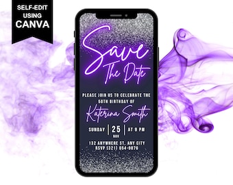 Invitación digital con texto en morado y plateado para guardar la fecha, invitación de cumpleaños virtual electrónica, texto neón, plantilla editable de video animado para ella