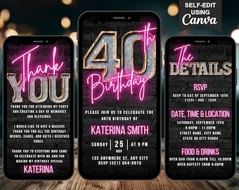 Digital 40th Birthday Invitation, Animated 40 Patio Invite, Rustic Pink Backyard BBQ Party Evite, Self Editable Itinerary & Thank You Ecard