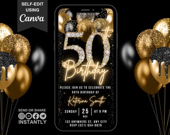 Digital 50th Birthday Invitation For Men, 50 Invite Ecard, Virtual Black Gold Balloon Diamond Fifty Party Invite For Him, Editable Template