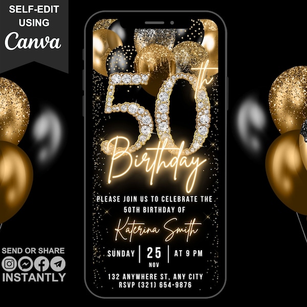 Digital 50th Birthday Invitation For Men, 50 Invite Ecard, Virtual Black Gold Balloon Diamond Fifty Party Invite For Him, Editable Template