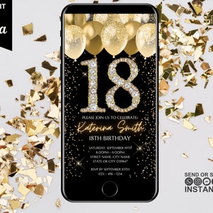 Faire-part de fête d'anniversaire numérique 18e anniversaire, texte du téléphone électronique Evite, or noir, ballons en diamant, téléchargement immédiat, modèle modifiable