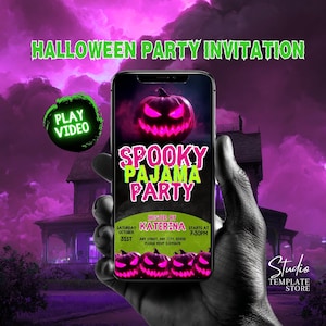 May include: A smartphone displays a Halloween party invitation with a glowing jack-o'-lantern and the text "Spooky Pajama Party." The invitation includes event details and is held against a purple and black background.
