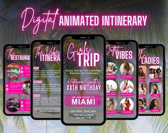 Digital Girls Trip Invitation, Animated Travel Itinerary, Pink Miami Vacation Schedule Birthday Schedule Evite, Editable Planner Template