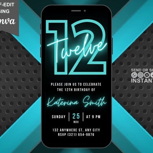 Digital 12th Birthday Party Blue Neon Invitation, Electronic Phone Text Message Evite, Editable Animated Template, Teen Birthday For Boys