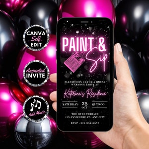Invitación digital para pintar y beber, invitación animada de cumpleaños para mujeres, invitación de inauguración de casa rosa neón, plantilla editable de tarjeta electrónica