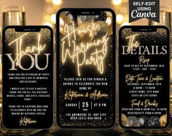 Digital Housewarming Party Invitation, Animated New Home Invite, Black Gold Balloon Neon Invite Evite, Editable Itinerary & Thank You eCard