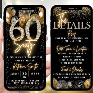 Digital 60th Birthday Invitation & Itinerary eCard, Animated Sixty Black Gold B’day Bash Invite For Her, Custom Editable Phone Text Evite