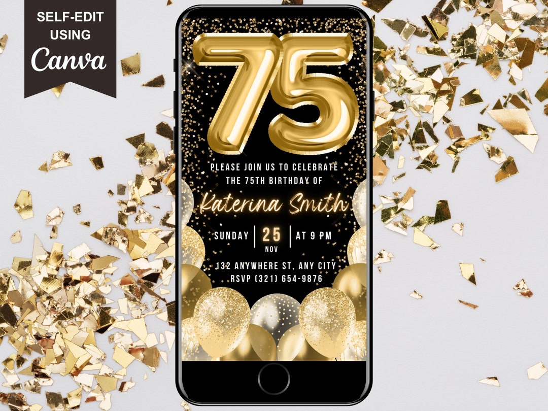 75th Text 75th Birthday Digital Invitation, Electronic 75th Birthday Party Invite ...