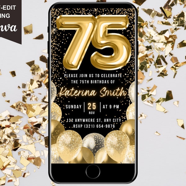 75th Birthday Digital Invitation, Electronic 75th Birthday Party Invite, Gold Themed Animated Text Evite, Instant Download Editable Template