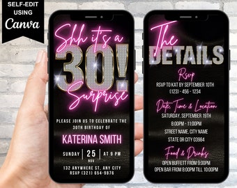 May include: A black and pink digital phone screen with a birthday invitation for a 30th birthday party. The invitation says "Shh it's a 30! Surprise" and includes the name Katerina Smith, the date, time, and location of the party, and RSVP information. The details of the party are listed on the right side of the screen.