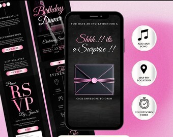 Überraschungs-Geburtstagseinladung mit RSVP-Funktion, digitaler, luxuriöser schwarzer Umschlag, elegante rosa Canva-Vorlage, nachverfolgbare Gästeeinladung
